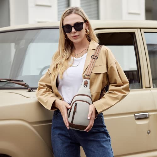 Cluci Sling Bag For Women Leather Crossbody Fanny Packs For Women Large Sling Backpack Chest Bag For Travel Hiking Cycling Beige With Brown #TOP6