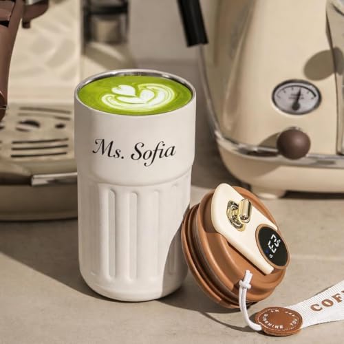 Image of VOLITO Personalized Coffee Mug with Temperature Display, 420ml Ceramic Travel Coffee Cup with Lid, Insulated Coffee Tumbler with Wrist Strap, Custom Name Gift for Coffee Lovers(mini 420ml)