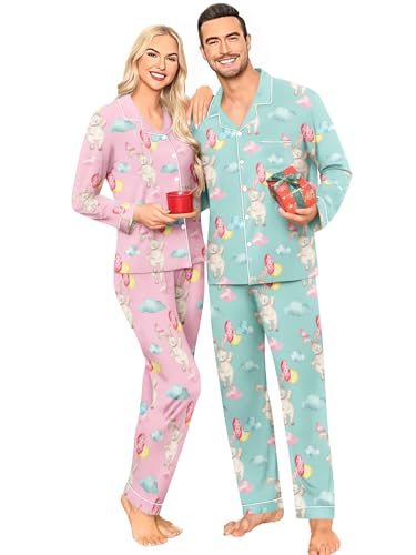 Couple Easter Day Pajamas Loungewear Sets Sleepwear Button-Down Pj Set Rabbit Eggs 2 Piece Pjs Loung Set with Pockets
