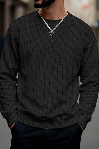Image of KAJARU Quilted Pattern Long Sleeve Sweatshirt, Round Neck, Men's Casual Pullover, Grey, Black, Beige