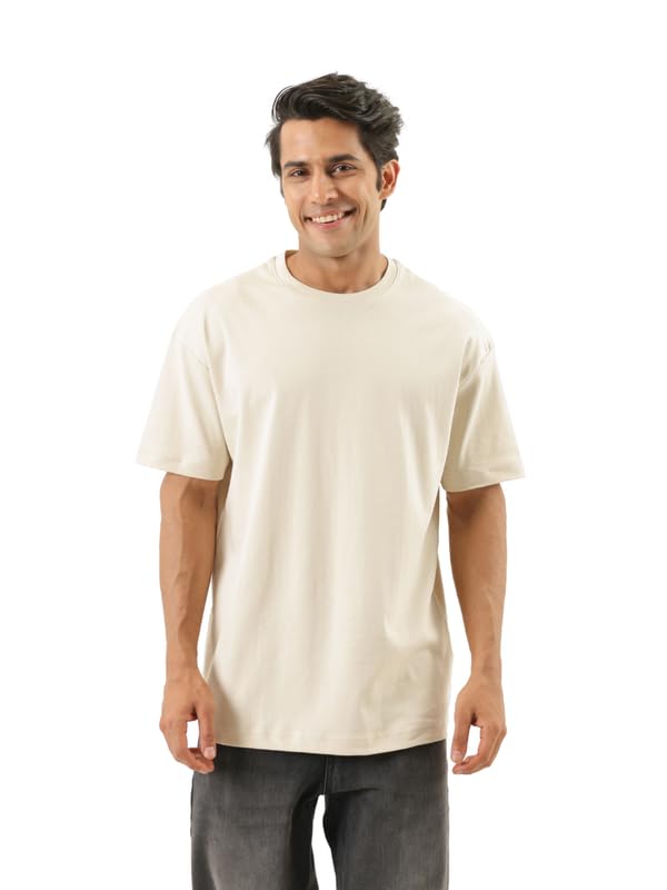 Image of SAADAA Men's Oversized Cotton T-Shirt | 210 GSM Heavyweight Fabric | Drop Shoulder | Dual Knit | Comfortable Casual Wear | Solid Colors