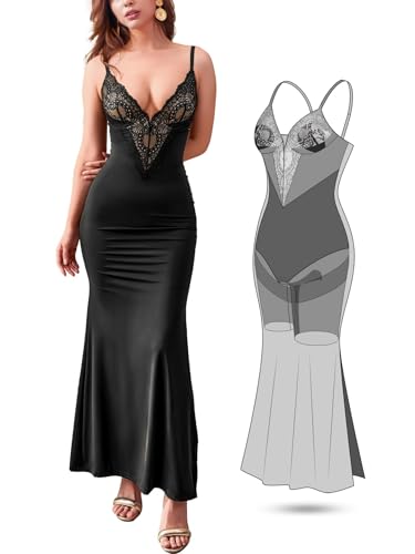Image of Women's Summer Built-in Bra and Shapewear Bodycon Sexy Maxi Dress with Lace Deep V-Neck and Spaghetti Straps