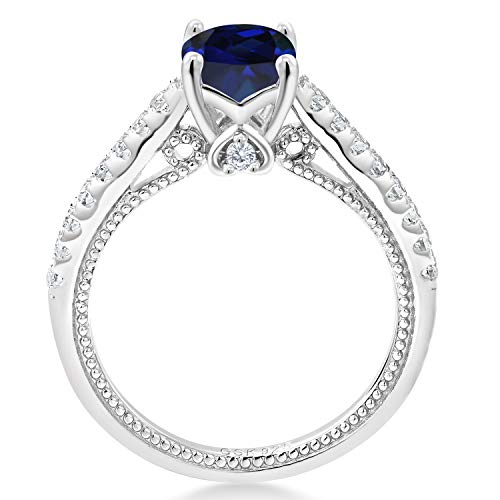 Gem Stone King 6MM Cushion Gemstone Birthstone and Created Sapphire Engagement Ring For Women | 925 Sterling Silver | Wedding Anniversary Promise Ring | Available In Size 5-94