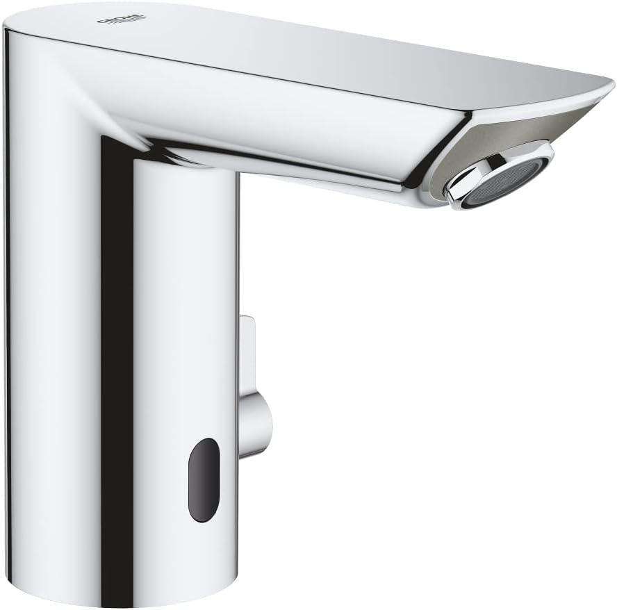 GROHE Bau Cosmopolitan E - Infrared Sensor Touchless Basin Mixer Tap with Mixing Device (Water Saving Technology, Battery Powered, 7 Pre-Set Programs, Tails 3/8 Inch), Size 123 mm, Chrome, 36451000