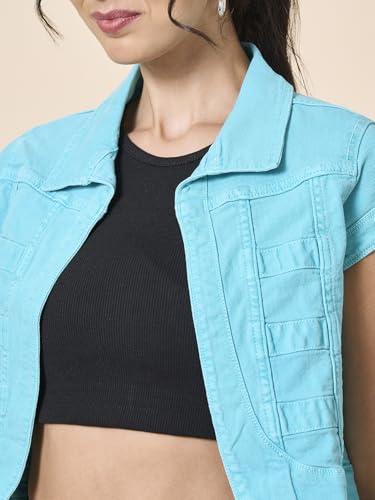 Image of Style Quotient Women Navy Blue Denim Open Front Regular Shrug