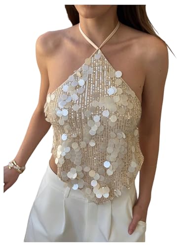 MakeMeChic Women's Sequin Halter Tops Sparkly Backless Sexy Cute Summer Camisole Top