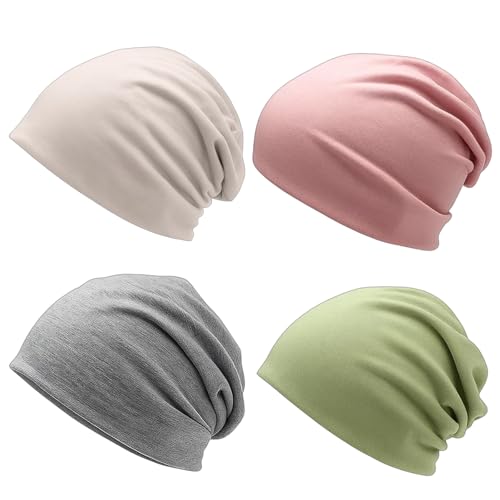 JcvPot Beanie Damen, 4-Pack Chemo Mütze Damen, Dünne Mütze Für Chemotherapie, Yoga Und Outdoor, Hellgrau, Rosa, Beige, Hellgrün