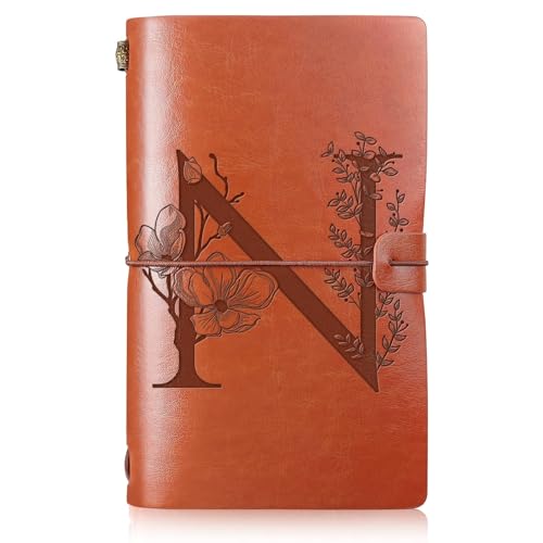 Booson Diario de viaje de cuero con inicial monogramado para mamá, cuaderno de regalo recargable, diario personalizado, bloc de notas para mujer, día de la madre, Navidad, cumpleaños (N)