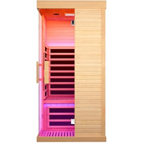 Sauna Indoor Far Infrared Saunas Home 1 Person Canadian Hemlock 1420W Low-EMF Dry Spa Sauna with Oxygen Bar, 7 Color Therapy, 7 Heating Plates, LCD Control Panel, Speakers (33.5*33.5*69 IN) Cover