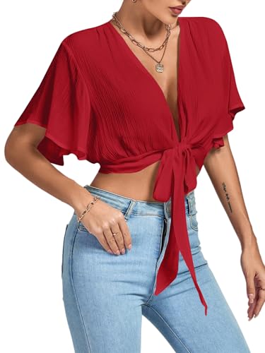 Image of LYANER Women's Sexy Deep V Neck Tie Front Wrap Cropped Blouse Bell Short Sleeve Ruffle Crop Tops