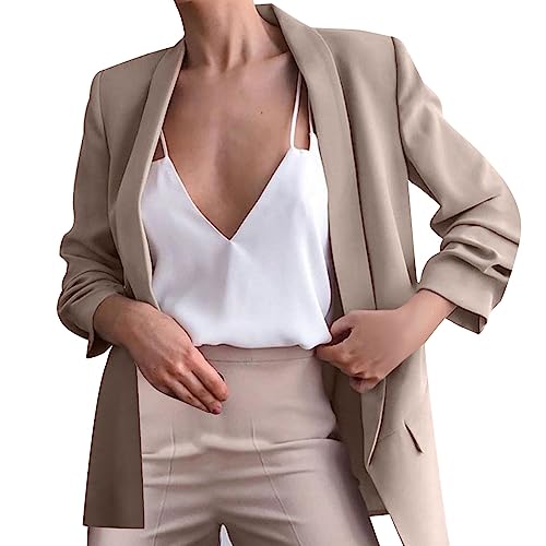 Kvinnor kontor kavaj ledig enfärgad business kavaj lätt revers krage chic arbete kostymer, kaki, XXL