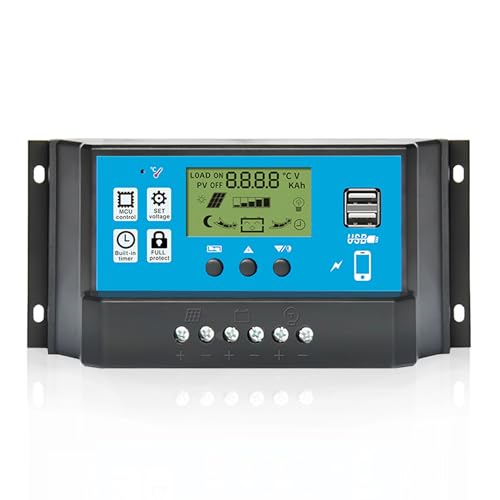 Anern 60A PWM Solar Charge Controller 12V/24V with LCD Display, Dual USB Solar Panel Battery...