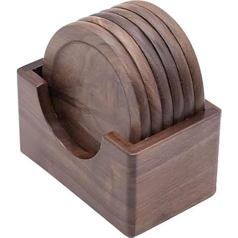 Lilymeche Concept Walnut Wood Drink Coasters with Holder & Wood Coffee Stick, Wooden Coaster Set, Suitable for Coffee Cups, Beer Glasses, Mugs, Wine Cup (12cm) Cover