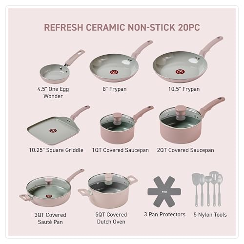 Image of T-Fal Refresh Ceramic Pots and Pans Set, Nonstick Cookware, 20-Piece, Oven Safe to 350F, Ceramic Cookware Set, Stockpot, Griddle, Frying Pans, Utensils, Dusty Rose