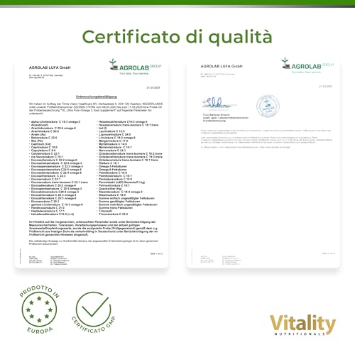Omega 3 Olio di Pesce. 2000 mg/dose. Alta concentrazione EPA 800mg e DHA 600mg. Olio vitamina E e Acidi Essenziali. Fish Oil per l'equilibrio del colesterolo. Vitality Nutritionals Ultra Pure Omega 3 - 3