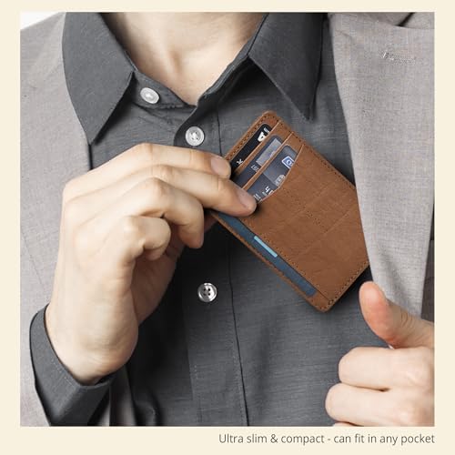 Image of Oak Leathers Leather Slim Minimalist Wallet for Men & Women RFID Front Pocket Leather Card Holder Wallets (Dark Cognac)