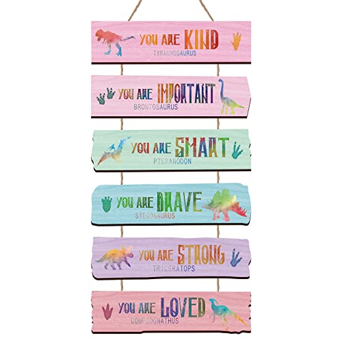 Image of Yookeer Set of 6 Watercolor Dinosaur Wall Art Decors Rustic Wall Hanging Plaque Sign Wooden Motivational Wall Art Your Are Kind Strong Brave Positive Sign for Teen Bedroom Decorations