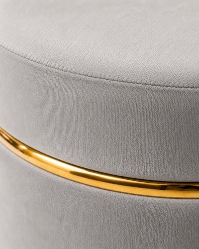 Image of Dence Store Modern Velvet Puffy Ottoman Stool for Living Room | Round Footrest Pouffe with Gold Accent Band | Soft Cushioned Seat for Dressing Table, Bedroom & Home Decor (Set of 2 Silver Grey)