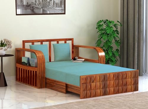 Image of APRODZ Solid Sheesham Wood Sofa Cum Bed 2 Seater Velevt Fabric with Cushions Perfect Sofa Furniture for Home Living Office Room and Guests (Honey Finish 75x51x30-Inch)