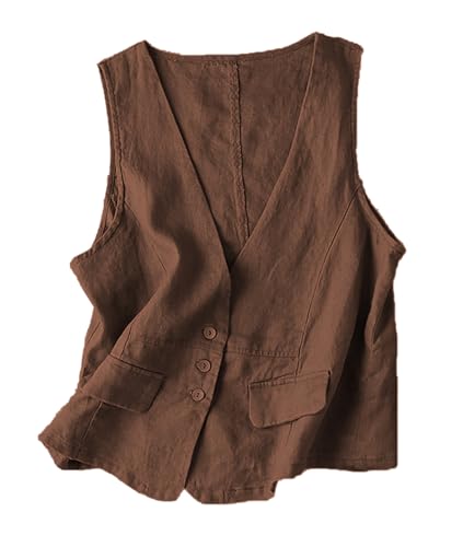 Ceehuteey Women Cotton Linen Vest V-Neck Cardigans Casual Waistcoat Vest