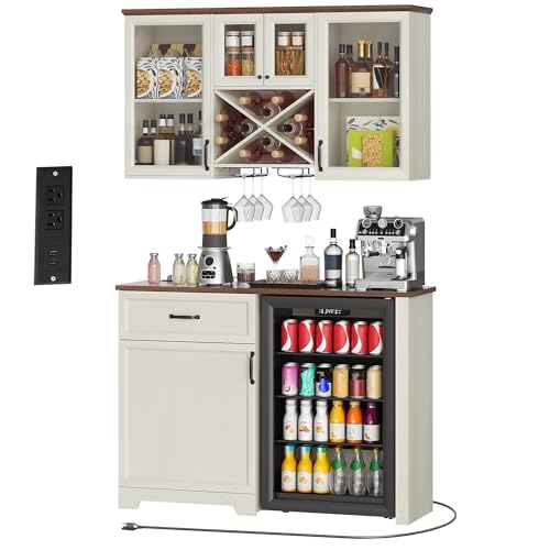 DWVO Coffee Bar Cabinet with Mini Fridge Space Storage & Charge Station, Wall-Mounted Kitchen Pantry Cabinets with Glass Doors & Wine Storage & Glass Racks for Home Living Dining Room, White Walnut