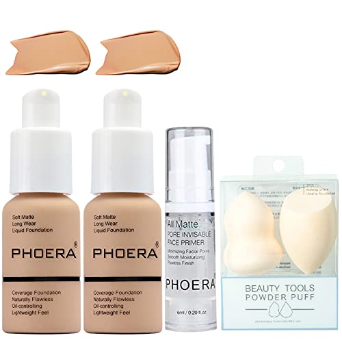 2Pcs #104 Foundation and Face Primer,Liquid Full Coverage Foundation Set,2 Makeup Sponge,Matte Oil Control Concealer Foundation Cream, Great Choice and Gift.(2PCS #104)