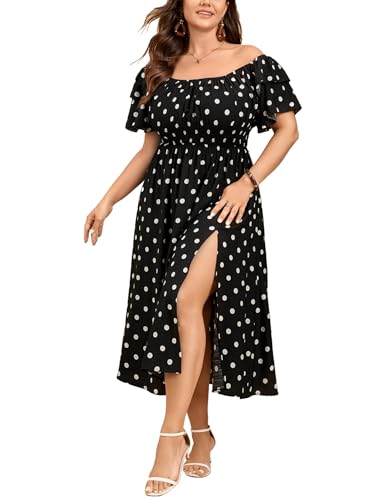 Image of Plus Size Maxi Dress Off The Shoulder Ruffle Smocked Wedding Guest Cocktail Slit Hem Flowy Dresses for Curvy Women