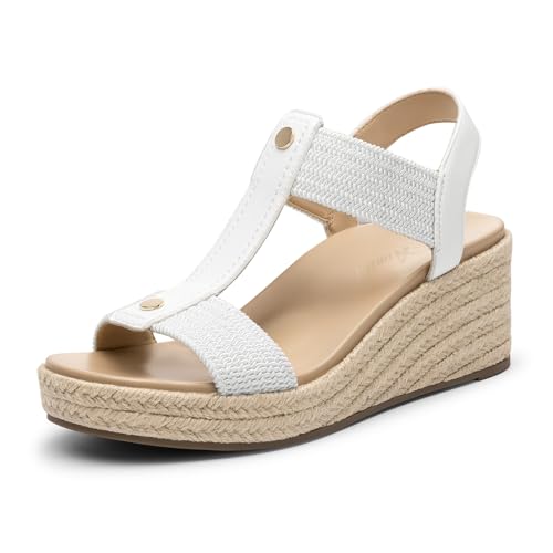 Athlefit Espadrille Wedge Sandals for Women Platform Comfortable Dressy Casual Open Toe Elastic Strap White Sandals with Arch Support for Summer Walking Size 7