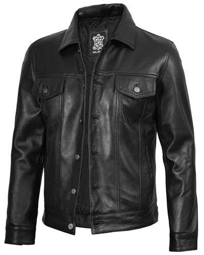 Image of fjackets Real Lambskin Vintage Trucker Leather Jacket Men - Shirt Collar Style Leather Jackets For Mens