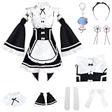 Rem Ram Cosplay Costume Re:Zero -Starting Life in Another World Rem Ram with Wig Halloween Party Maid Costume (BlackWhite, XX-Large)