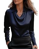 CORIRESHA Women's Elegant Cowl Neck Satin Blouse Long Sleeve Office Work Shirt Silk Top Navy Blue