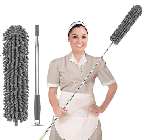 Image of Microfiber Feather Chenille Duster for Dust Cleaning with extendable Pole 100 Inch with Anti Scratch Bendable Washable Duster with High Cobweb Stick for High Ceiling Fans, Furniture - Grey