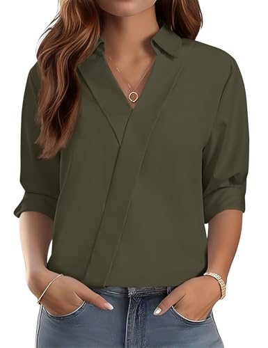 Image of LOMON 3 /4 Length Sleeve Womens Tops Dressy V Neck Collared Shirts Trendy Business Casual Work Blouses Vacation Outfits 2026
