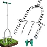 Manual Lawn Core Aerator Tool with 2 Hollow Tines & 2 Spikes, Adjustable Semi-Assembled Plug Aerator...