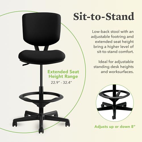 Image of HON Volt Standing Desk Chair with Footring, Armless Ergonomic Task Stool with Center‑Tilt Recline, Adjustable Height Seating for Computers, Desks, and Sit‑Stand Workstations, Black