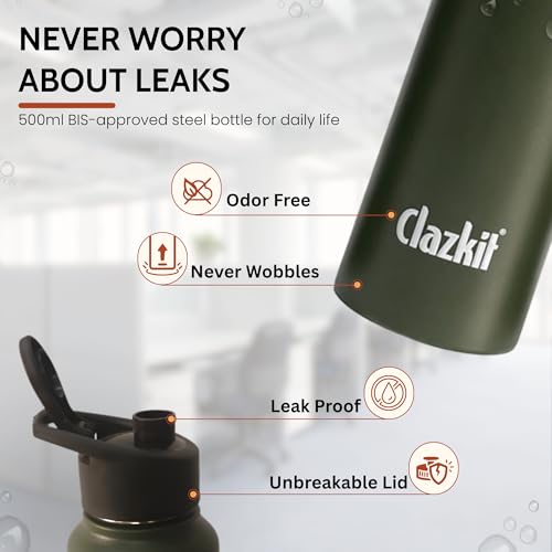 Image of Clazkit Alpha Sporty Stainless Steel Water Bottle Single Wall 500ml Set of 6| Lightweight, Leak-Proof, Reusable | Ideal for School Kid,Office, Gym & Travel | Green