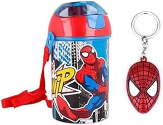 OM SUPPLIES Spiderman Pop Up Water Bottle Drink Bottle Flask with Neck Cord for Easy Carry School Lunch Kids Childrens 450ml Includes Spiderman Keychain