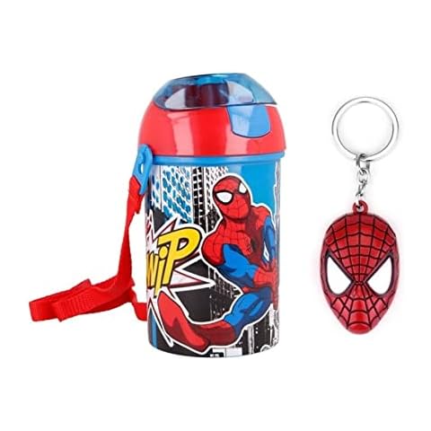 OM SUPPLIES Spiderman Pop Up Water Bottle Drink Bottle Flask with Neck Cord for Easy Carry School Lunch Kids Childrens 450ml Includes Spiderman Keychain Cover