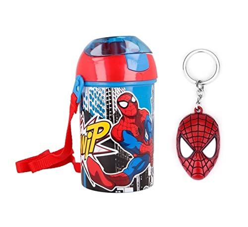 Botella de agua desplegable oficial Spiderman con cordón para el cuello para facilitar el transporte escolar, para niños, 450 ml, incluye llavero Spiderman Cover