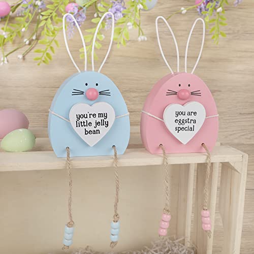 Adroiteet 2 Stück Osterhasen Tischdekorationen aus Holz, Osterhase mit baumelnden Beinen, Osterhasen-Figur Hase, Holzschild für gestufte Tablett-Dekoration, Tischplatte, Fensterbank, Urlaubsparty Cover