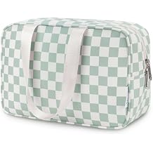 Narwey Large Capacity Travel Toiletry Bag Women, Checkered Makeup Bag with Handle, Portable Make up Cosmetic bag Organizer, Travel Bag for Toiletries, Skincare, Medicine, Essentials Green Checker