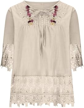 Dames geborduurde boho boer linnen tuniek tops Boheemse stijl retro bloemen grafisch shirt zomer Indiase ruches voorkant blouses voor senioren westerse gaas pure vrouwen kant casual, Beige, 4XL