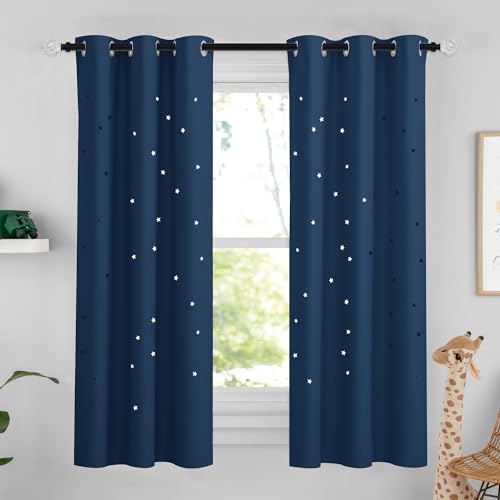NICETOWN Blackout Curtains for Kids Bedroom 63 inches Long Room Decor Window Drapes Hollow Out Stars Curtains for Baby Girls Boys Room, 1 Piece, 42" W