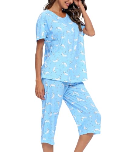 Image of ENJOYNIGHT Womens Pajama Sets Cotton Pj Set Short Sleeve Top With Capri Pants Sleepwear 2 Piece Lounge Set