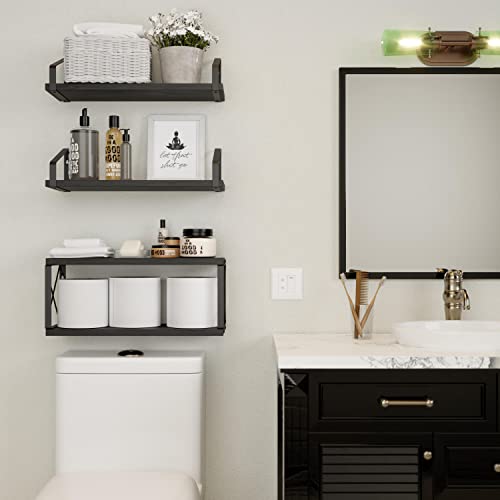 Richer House 2-In-1 Floating Shelves Wall Mounted Set Of 3, Rustic Wood Bathroom Shelves Over Toilet, Black Shelves For Wall Decor With Paper Storage For Bathroom, Bedroom, Kitchen - Black #TOP3