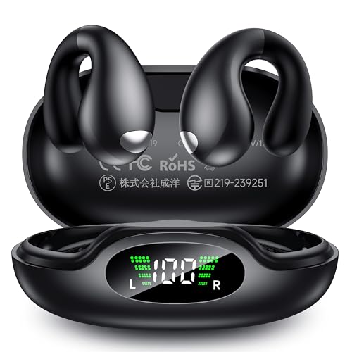 Auriculares Deportivos Bluetooth 5.3 - Diseño Ultra Open-Ear con Clip Inalámbricos Auriculares de Conducción Ósea con 6 HD Mics, 50H de Reproducción con Caja de Carga LED, IPX7 Impermeable - Negro