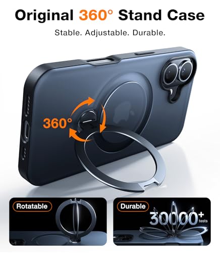 TORRAS 360° Spin Magnetic Stand for iPhone 16 Case 6.1 inch, Compatible with Magsafe, 12FT Military Grade Protection, Shockproof Slim Case for iPhone 16 Phone Case with Kickstand & Ring Holder, Black