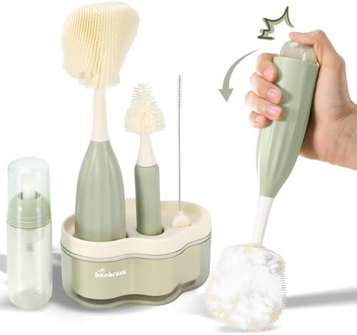 Baby Bottle Brush Set [Push-Press + Bendable Bottle Brush: 360°Comprehensive Cleaning] Baby Bottle Cleaner Brush Set for Baby Bottle/Nipple/Straw/Breast Pump Drying Rack and Travel Bag Included