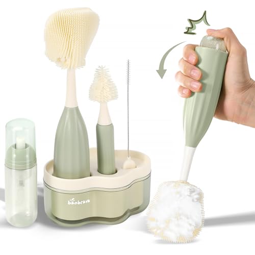 Image of Baby Bottle Brush Set [Push-Press + Bendable Bottle Brush: 360°Comprehensive Cleaning] Baby Bottle Cleaner Brush Set for Baby Bottle/Nipple/Straw/Breast Pump Drying Rack and Travel Bag Included