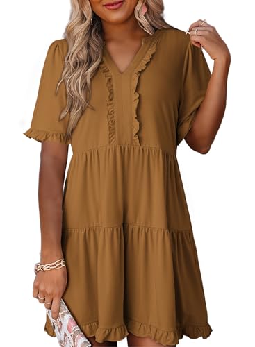 Image of Dokotoo Womens Summer Dresses 2026 V Neck A Line Short Sleeve Casual Ruffle Babydoll Mini Dress